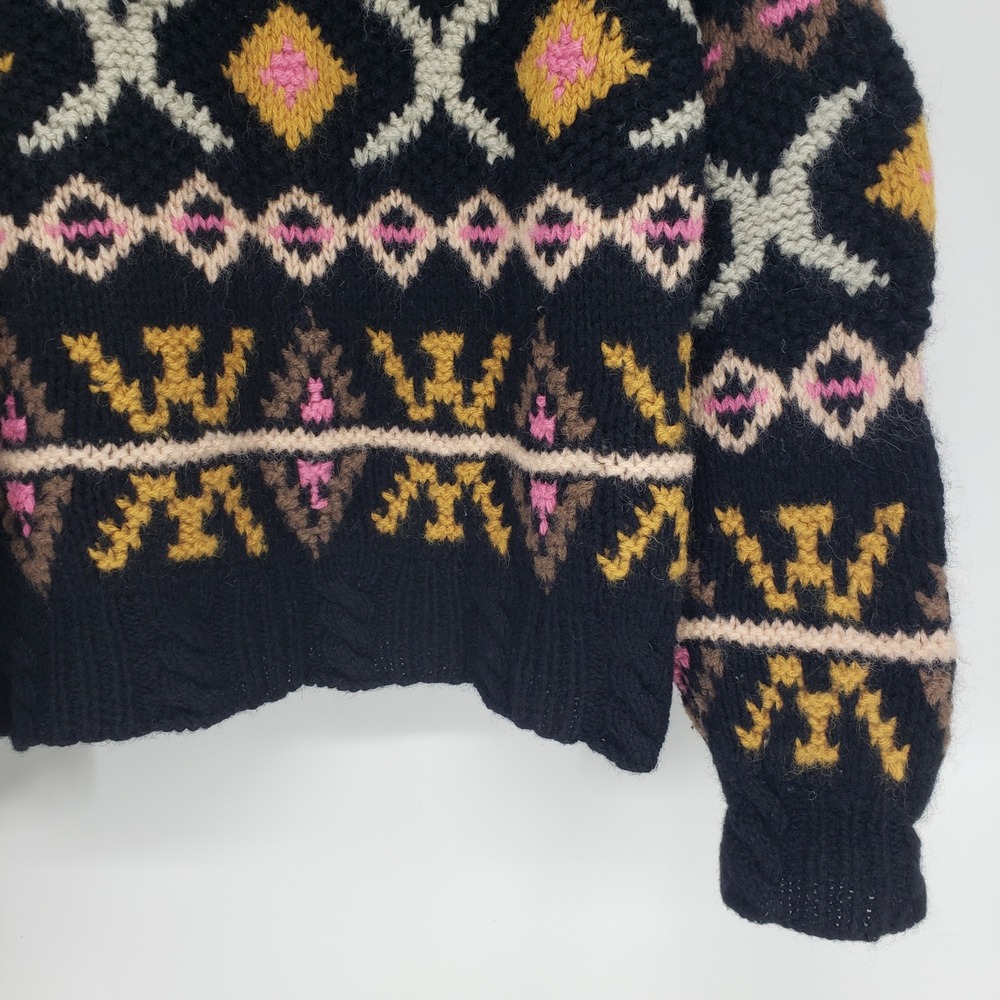 Vintage 90s Hand Knitted Wool Sweater Womens Sz Large Fair Isle Geometric Chunky - Picture 5 of 7